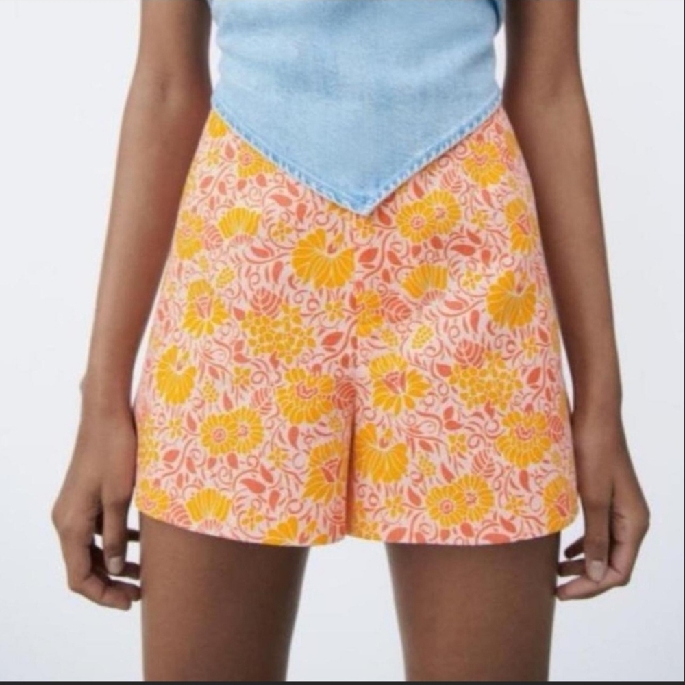 Zara Linen Cotton Floral Print High Waist Shorts Pink and Orange